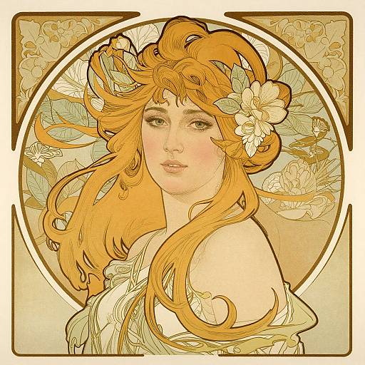 Digital drawing of a beautiful, fair-skinned woman with flowing orange hair, adorned with a flower, set against a floral circular background. Art Nouveau