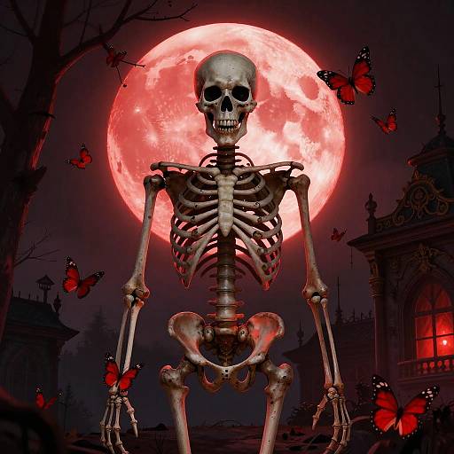 Spooky Skeleton Under Red Moon