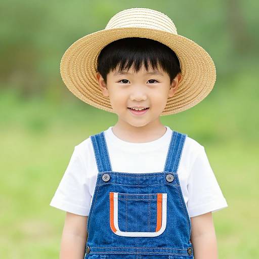 Boy in Striped Overalls and Straw Hat