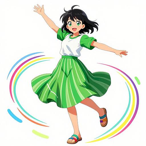 Anime-style illustration of a cheerful girl with black hair, green eyes, and green-striped dress, jumping with arms outstretched, surrounded by colorful rainbow
