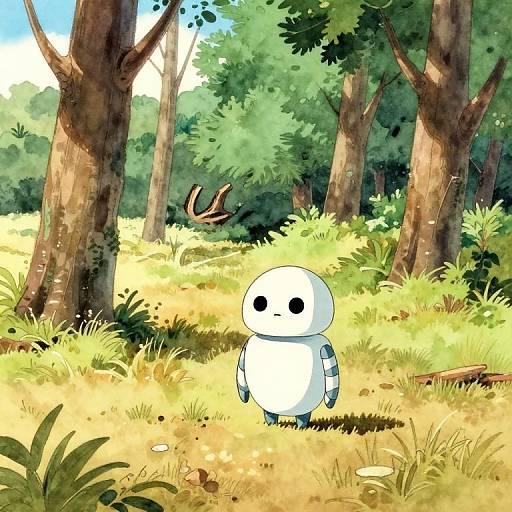 Digital drawing of a white, round, black-eyed robot standing in a sunlit forest clearing with tall trees, green foliage, and yellow grass.