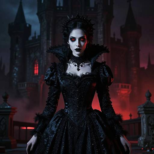 Gothic vampire woman in black lace dress with high collar and intricate details, standing before a dark, red-lit castle. Digital art.