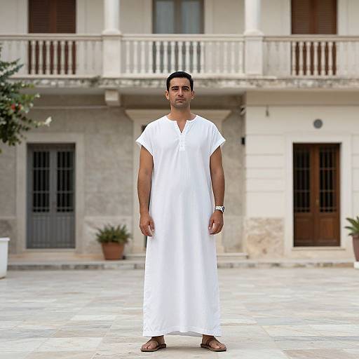 Photograph of a South Asian man with short black hair, wearing a white traditional tunic and sandals, standing in front of a beige, colonial-style
