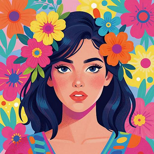 Digital pop art portrait of a young woman with dark blue hair, adorned with colorful flowers, set against a vibrant floral background.