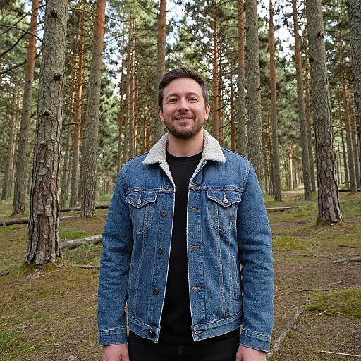 Photograph of a bearded man with short dark hair, smiling, wearing a denim jacket with a white fleece lining, standing in a forest with tall
