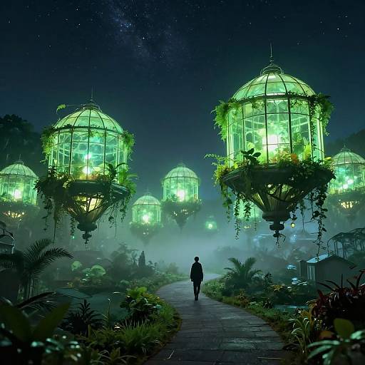 Floating Glowing Greenhouses at Night