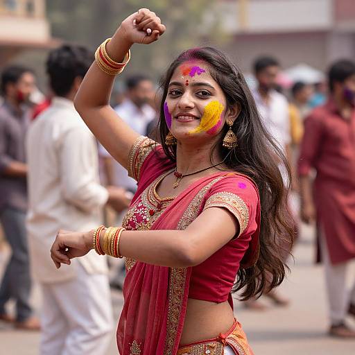 Photograph of a smiling Indian woman in a red traditional saree, adorned with colorful festival paint, gold jewelry, and raised arm, amidst a blurred