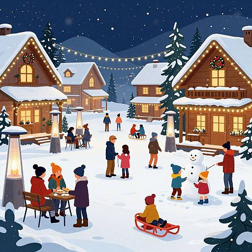 Digital illustration of a snowy village at night, with festive string lights, people skating, sledding, and socializing in front of warmly lit wooden