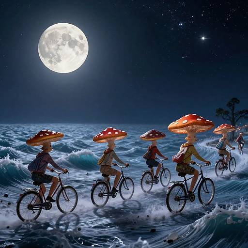 Digital artwork of five humanoid figures with red mushroom hats biking on moonlit ocean waves under a starry night sky.