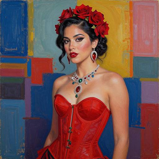 Elegant Woman in Red Corset Artwork