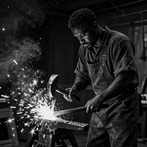 Black-and-white photograph of an African American man in overalls, sparks flying as he wields a hammer on an anvil in a dimly lit