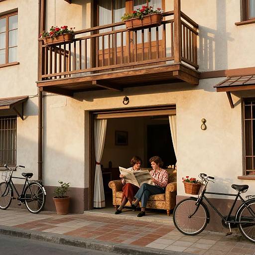 Photograph of a couple reading on a cozy, sunlit balcony chair in front of a European-style building with bicycles parked on the sidewalk.