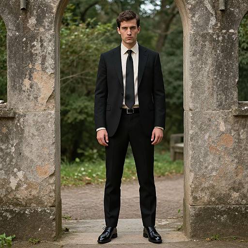Photograph of a serious, dark-haired man in a black suit and tie standing in a weathered stone archway, forest background.