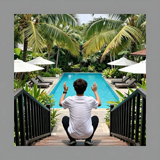 Photograph of a young man in a white t-shirt and black pants, squatting on a wooden deck, hands raised, facing a tropical pool surrounded
