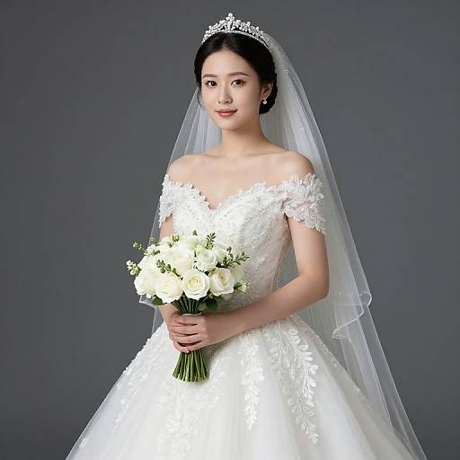 Photograph of an Asian bride in a white lace off-shoulder wedding dress, holding a bouquet of white roses, with a tiara and veil