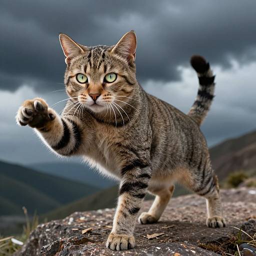 Photograph of a fierce, green-eyed, gray tabby cat with black stripes, standing on a rocky ledge, paw raised, against a stormy