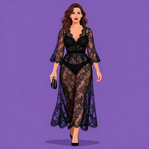 Digital illustration of a confident woman with wavy brown hair, wearing a black lace, deep V-neck, long-sleeve, see-through dress,