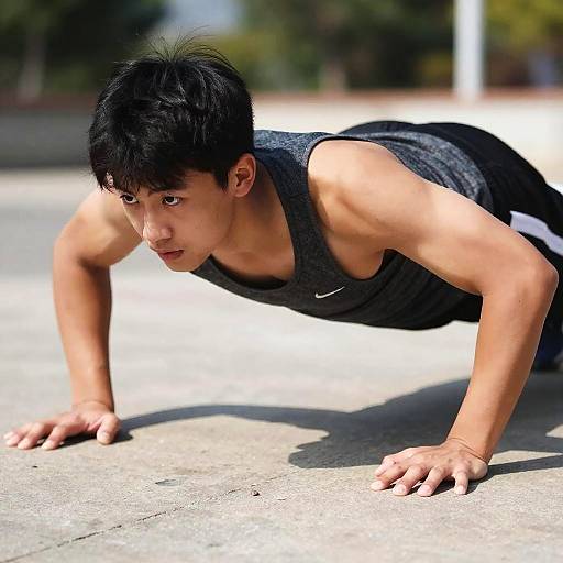 Photograph of an Asian man with short black hair, wearing a dark grey sleeveless shirt, doing a push-up on a sunny concrete surface outdoors.