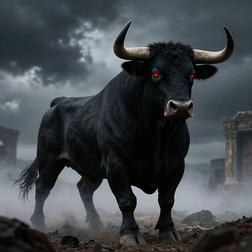 Digital artwork of a fierce, black minotaur with glowing red eyes and large horns, standing in a misty, ruins-filled, stormy landscape