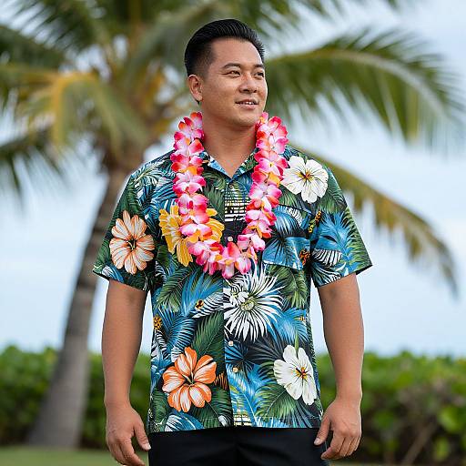 Photograph of a smiling Asian man wearing a colorful floral shirt and lei, standing outdoors with a blurred palm tree background.