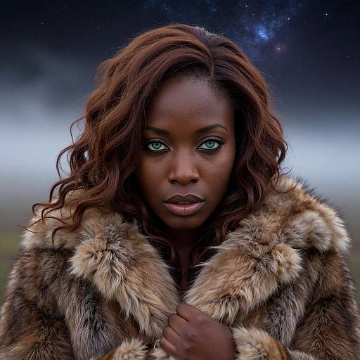 Photorealistic portrait of a dark-skinned woman with striking green eyes, wearing a luxurious brown fur coat, set against a starry, cloudy night