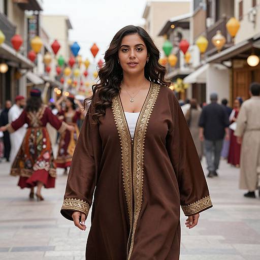 Photograph of an attractive South Asian woman with long black hair, wearing a brown, gold-embroidered robe, walking down a colorful, festive