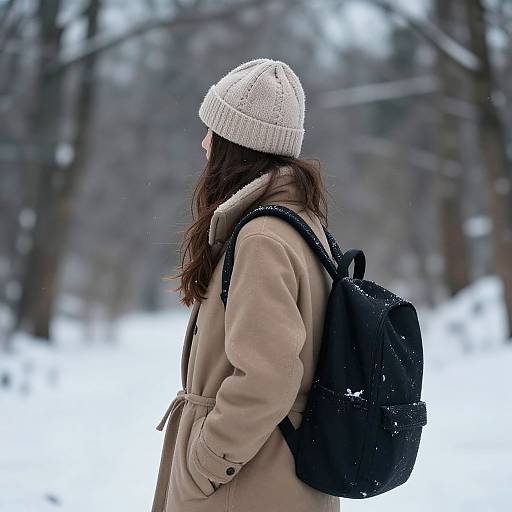 Photograph of a woman in a beige coat and white knit beanie, carrying a black backpack, walking in a snowy forest.