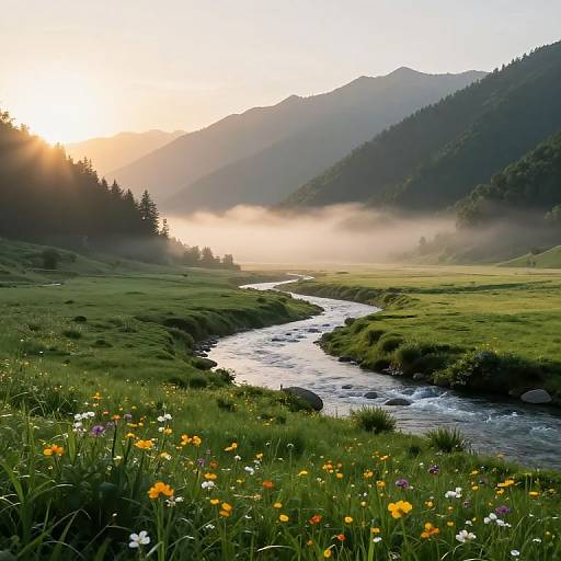 Photograph of a serene mountain valley at sunrise, with a meandering river, misty hills, vibrant wildflowers, and sun rays piercing through trees