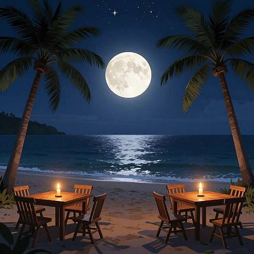 Photograph of a moonlit beach with two wooden tables and chairs under palm trees, candles lit, ocean reflecting moonlight, starry sky.