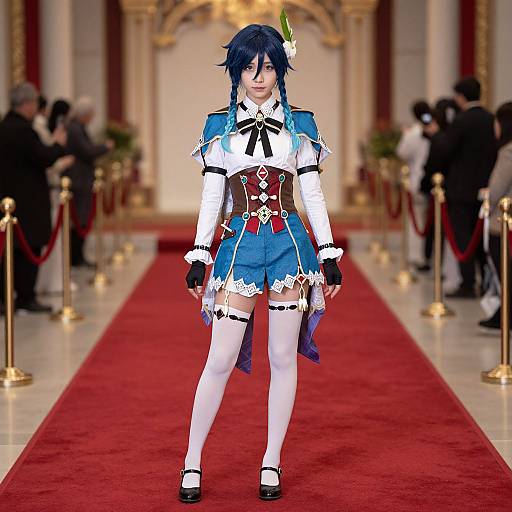 CGI image of anime-style character with blue hair, white and blue frilled dress, black gloves, thigh garter, white stockings, black shoes