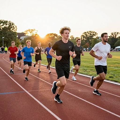 Photograph of seven men running on a red track at sunset, wearing varied athletic shirts and shorts, with a grassy field and trees in the background