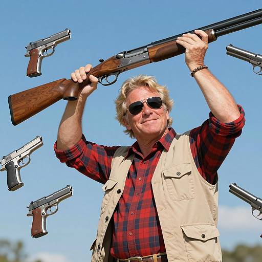 Confident Man with Floating Firearms