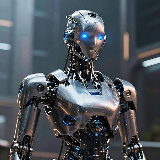 Futuristic Robot Portrait with Blue Eyes