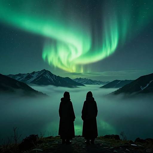 Cloaked Figures Beneath Aurora Borealis