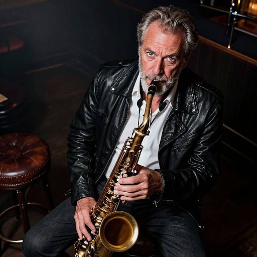 Photograph of an older man with gray hair and beard, wearing a black leather jacket, white shirt, and playing a golden saxophone in a dim