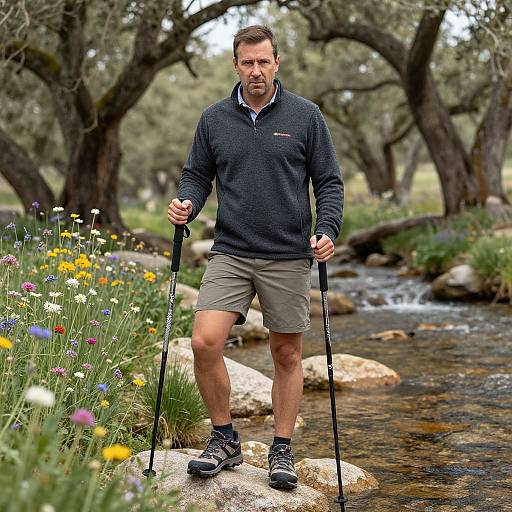 Photograph of a middle-aged man with short brown hair, wearing a dark sweater, gray shorts, and hiking boots, standing on a rock in a