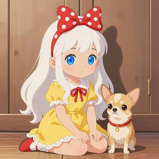 Anime Girl with Chihuahua Sitting Indoors
