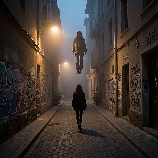 Photograph: Silhouetted person walking down a graffiti-covered, cobblestone alley at dusk, with a floating figure above, illuminated by street