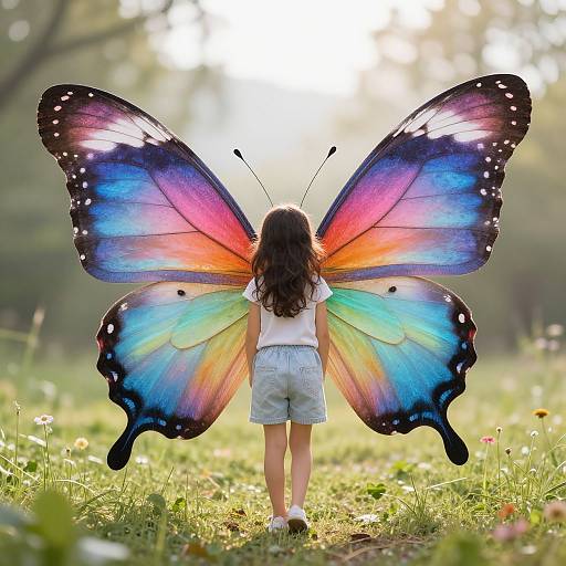 Photograph of a young girl with long brown hair, wearing a white shirt and light blue shorts, standing in a sunlit meadow, facing away