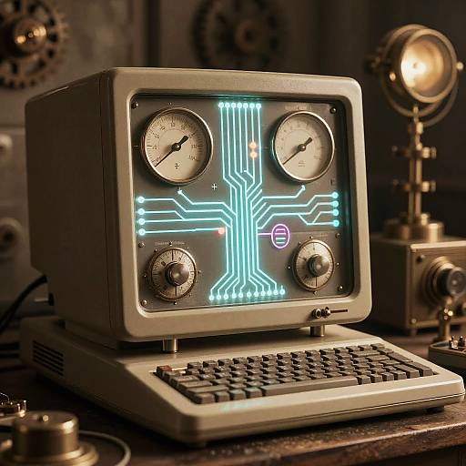 Photograph of a retro-style, gray digital oscilloscope with neon blue circuit lines on screen, on a vintage keyboard, surrounded by antique laboratory equipment