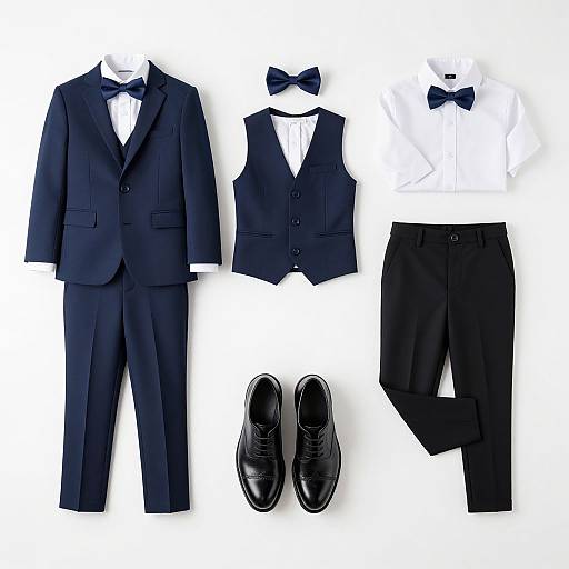 Photograph of a formal men's suit set: navy blazer and pants, white shirt with navy bow tie, black vest, and black dress shoes