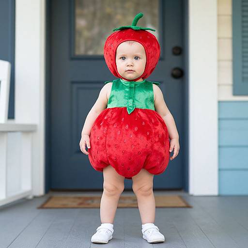Photograph of a baby in a red strawberry costume with green leaf headband, standing on a porch with blue door background.
