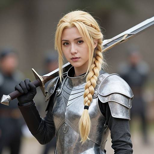 Photorealistic digital artwork of a young blonde woman with braided hair, wearing silver armor and black gloves, holding a sword, with a blurred background