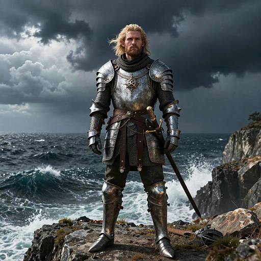 Photograph of a blond, bearded man with a serious expression, standing in silver armor on a rocky seaside cliff, with turbulent waves and dark,