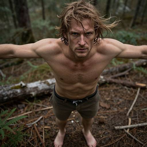Photograph of a shirtless, muscular man with wet, disheveled brown hair, wearing gray shorts, standing in a forest with outstretched