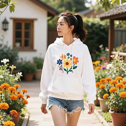 Photograph of an Asian woman in a white floral hoodie and frayed denim shorts, standing in a sunlit garden with vibrant orange marigolds.