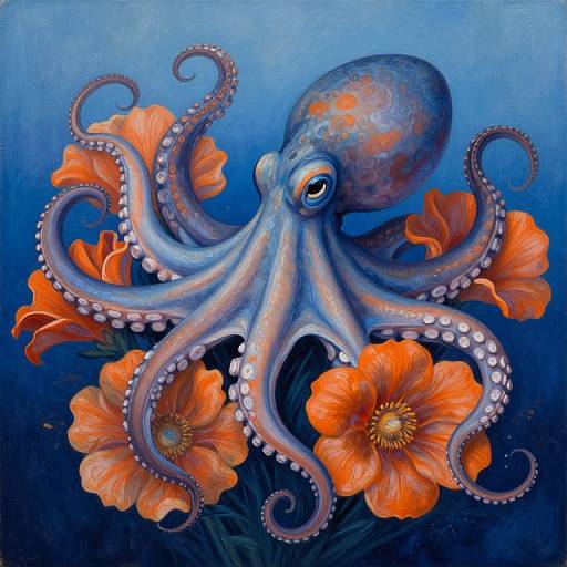 Digital painting of a blue and orange octopus surrounded by vibrant orange flowers with dark green leaves, set against a deep blue underwater background.