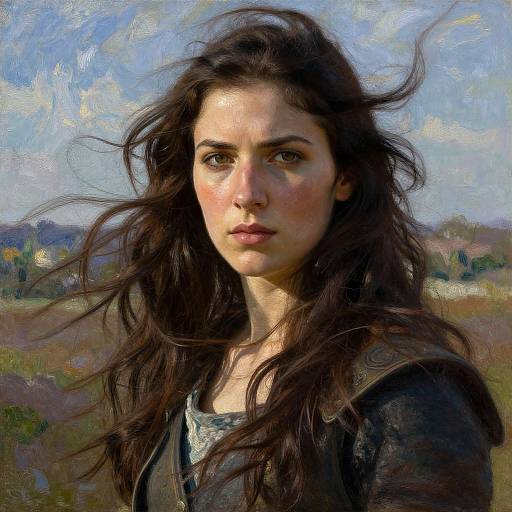 Digital painting of a young woman with long, wavy dark brown hair, serious expression, wearing a dark top, against a blurry outdoor background with blue