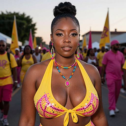 Photograph of a confident, dark-skinned Black woman with a high bun, wearing a yellow sequined bikini top, colorful bead necklaces, and