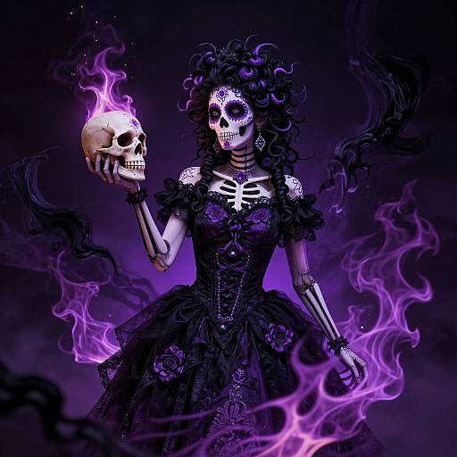 Digital artwork of a skeletal, purple-lit, gothic woman with curly black hair, holding a glowing skull, surrounded by purple smoke, wearing a
